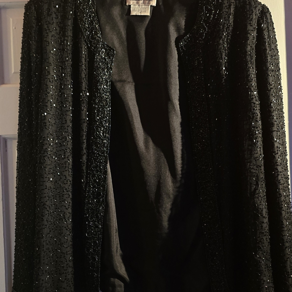 Black Sequence Laurence Kazar Evening Open Jacket sz 1X